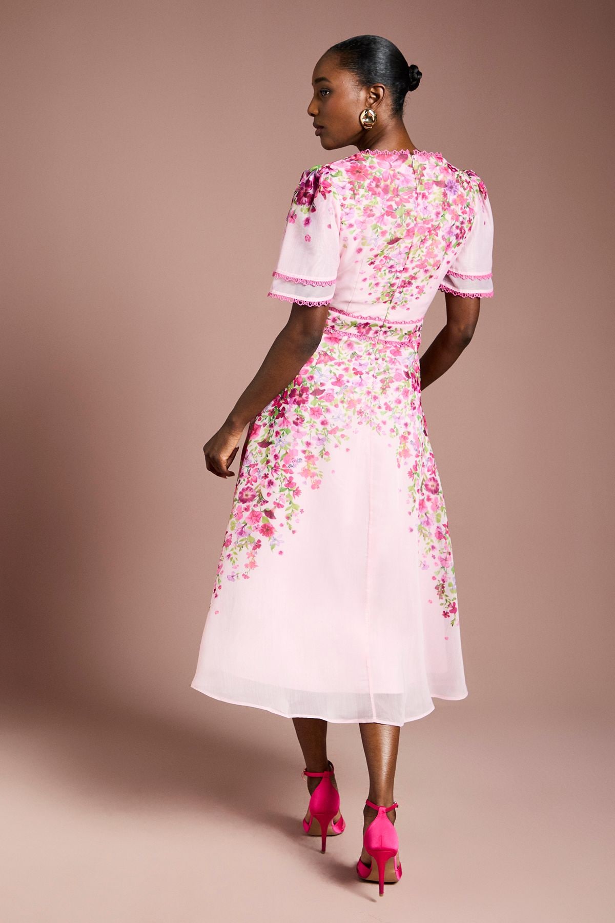 Coast Placement Print Trailing Floral Organza Wrap Midi Dress Pink image 3