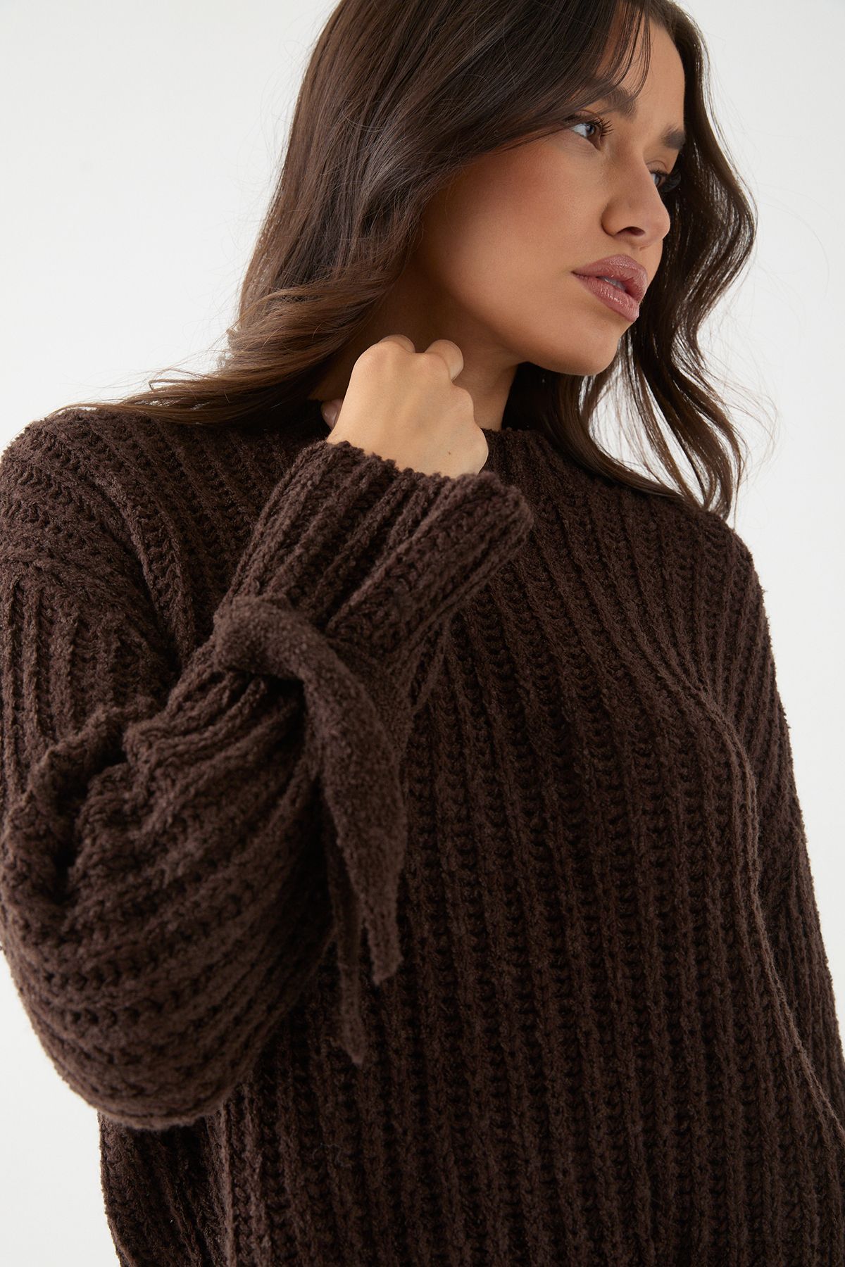 MissPap Knitted Tie Sleeve Oversized Jumper Chocolate image 4