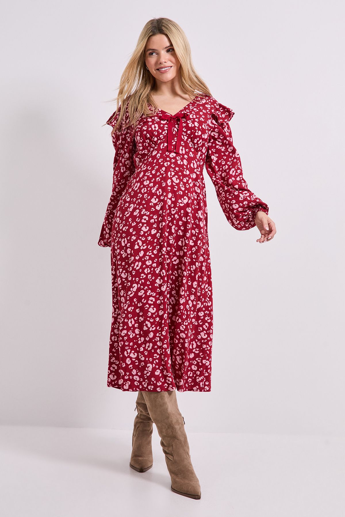 Dorothy Perkins Pink Animal Contrast Bow Detail Frill Printed Midaxi Dress Pink