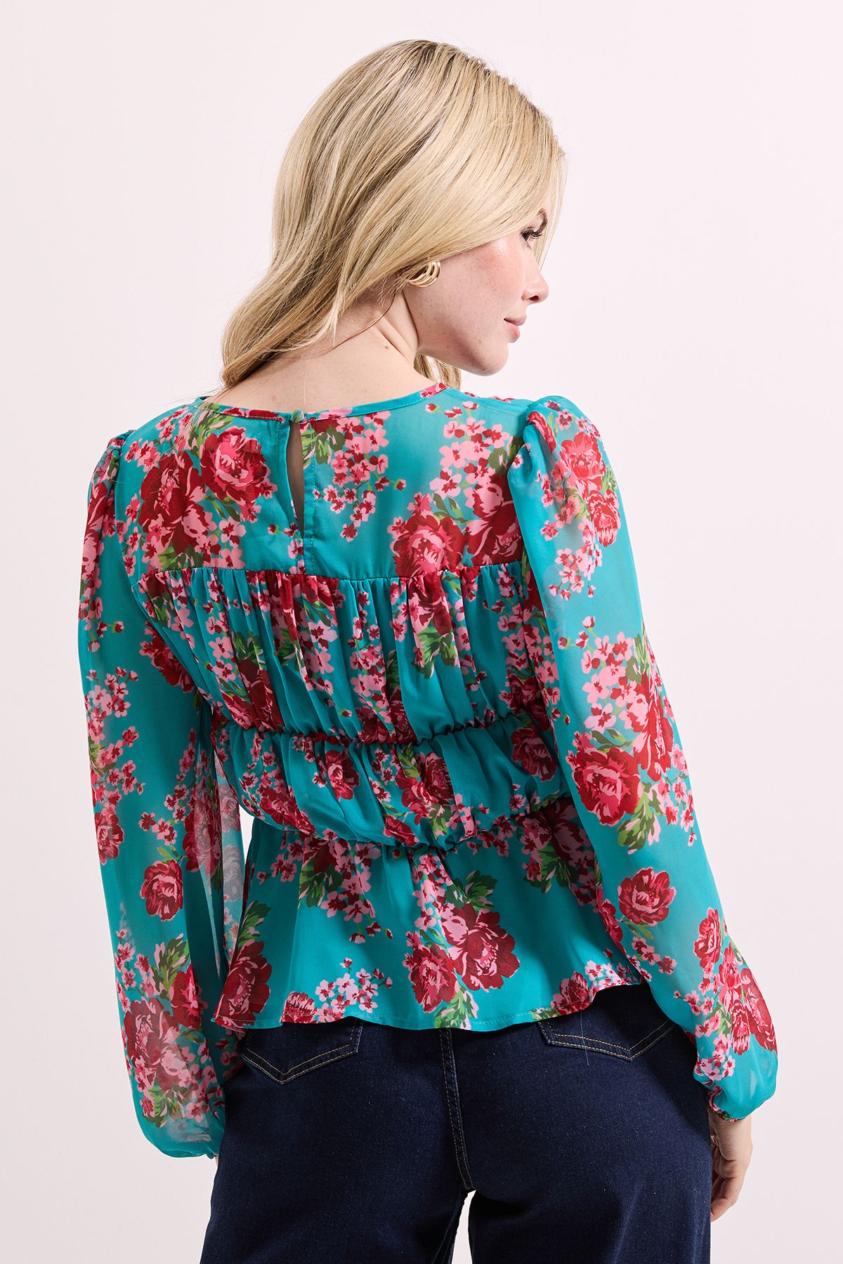 Dorothy Perkins Floral Sheer Yoke Printed Chiffon Shirred Top Floral image 5