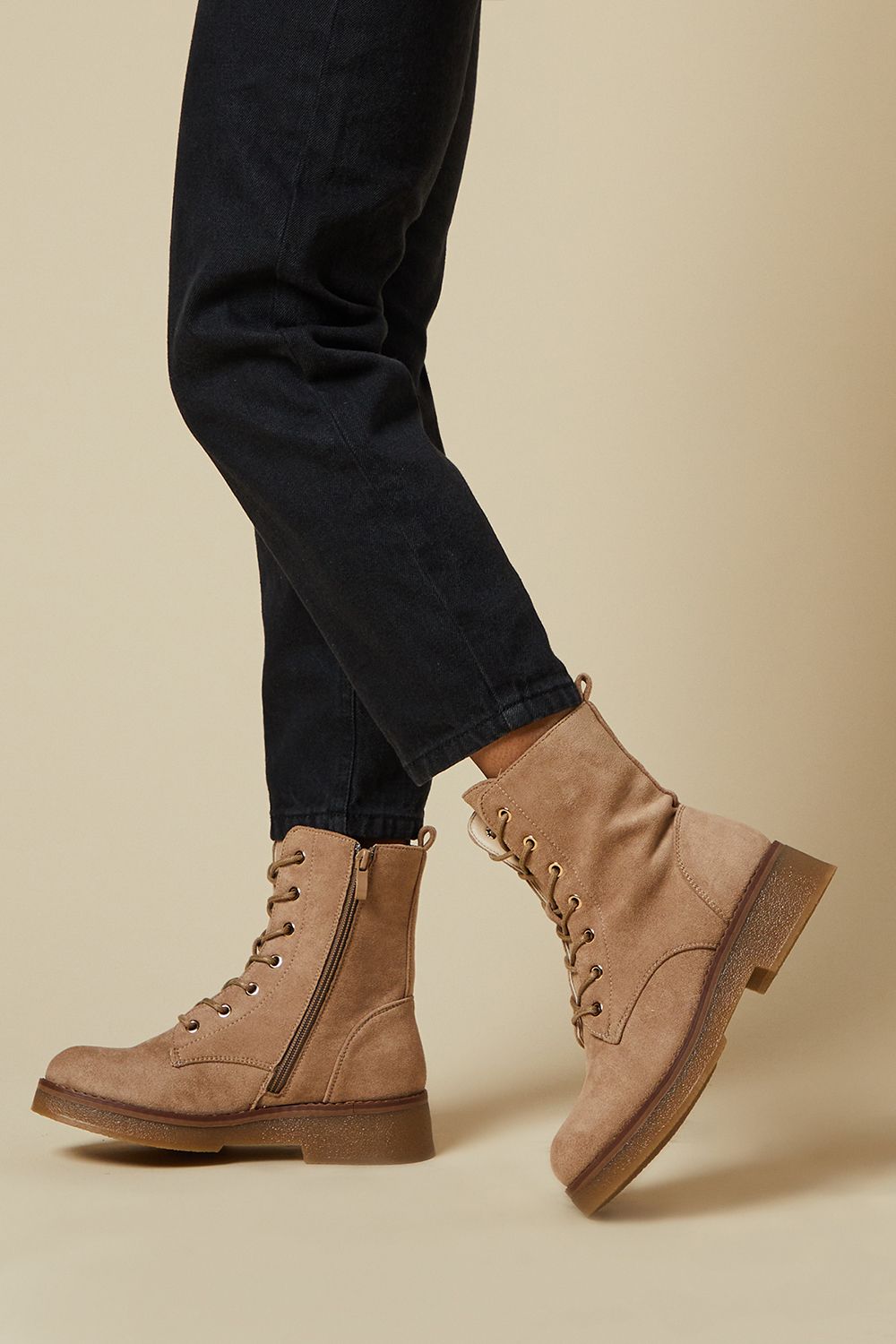 Dorothy Perkins Mariah Faux Suede Lace Up Chunky Ankle Boot Beige image 2