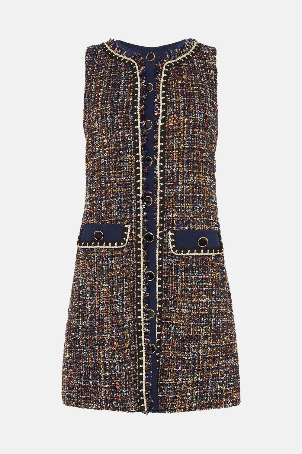 Oasis Tweed Trimmed Button Through Mini Dress Navy image 4