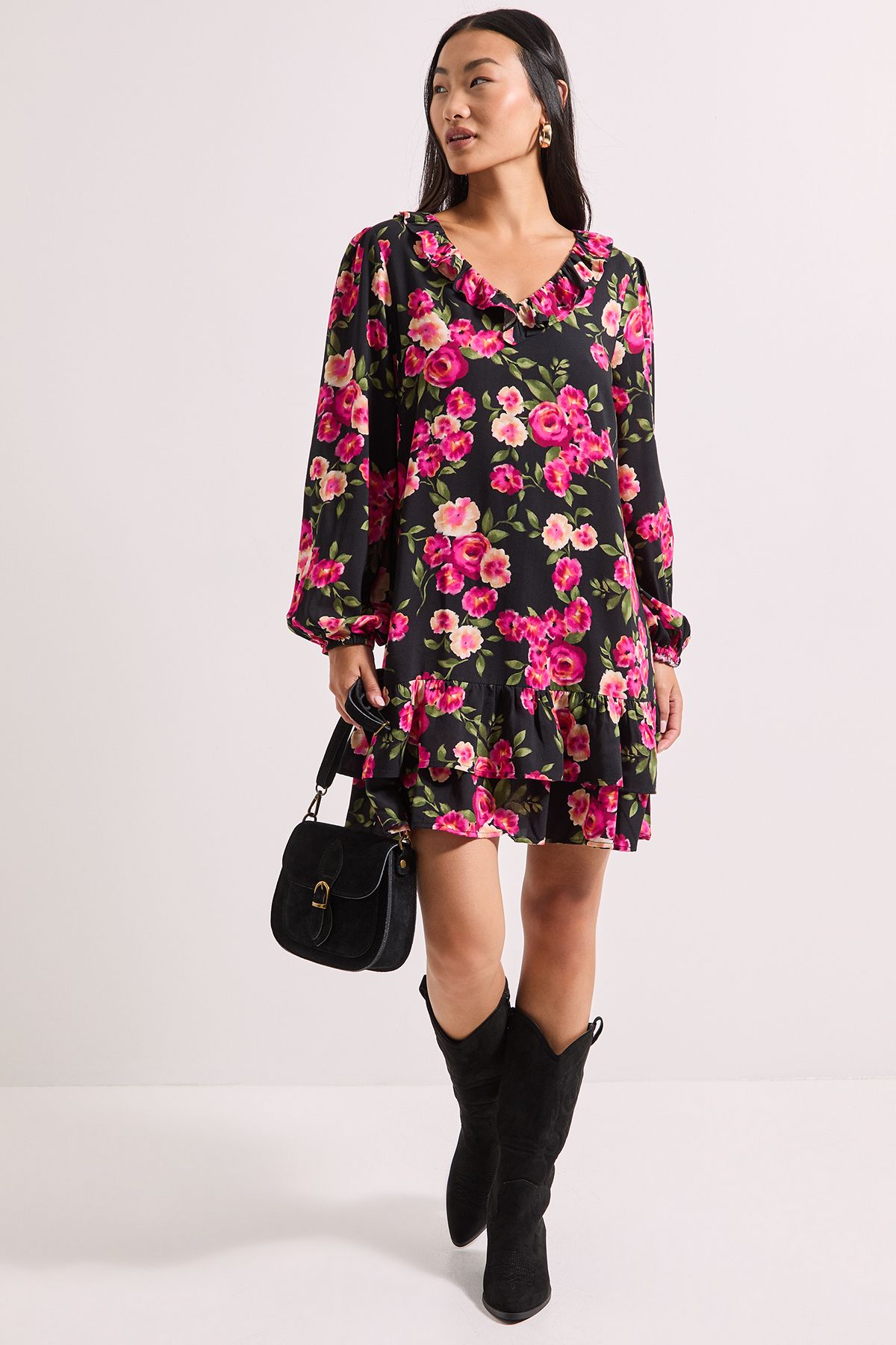 Dorothy Perkins Petite Black Floral Collar Detail Blouson Sleeve Tiered Mini Dress Floral image 2