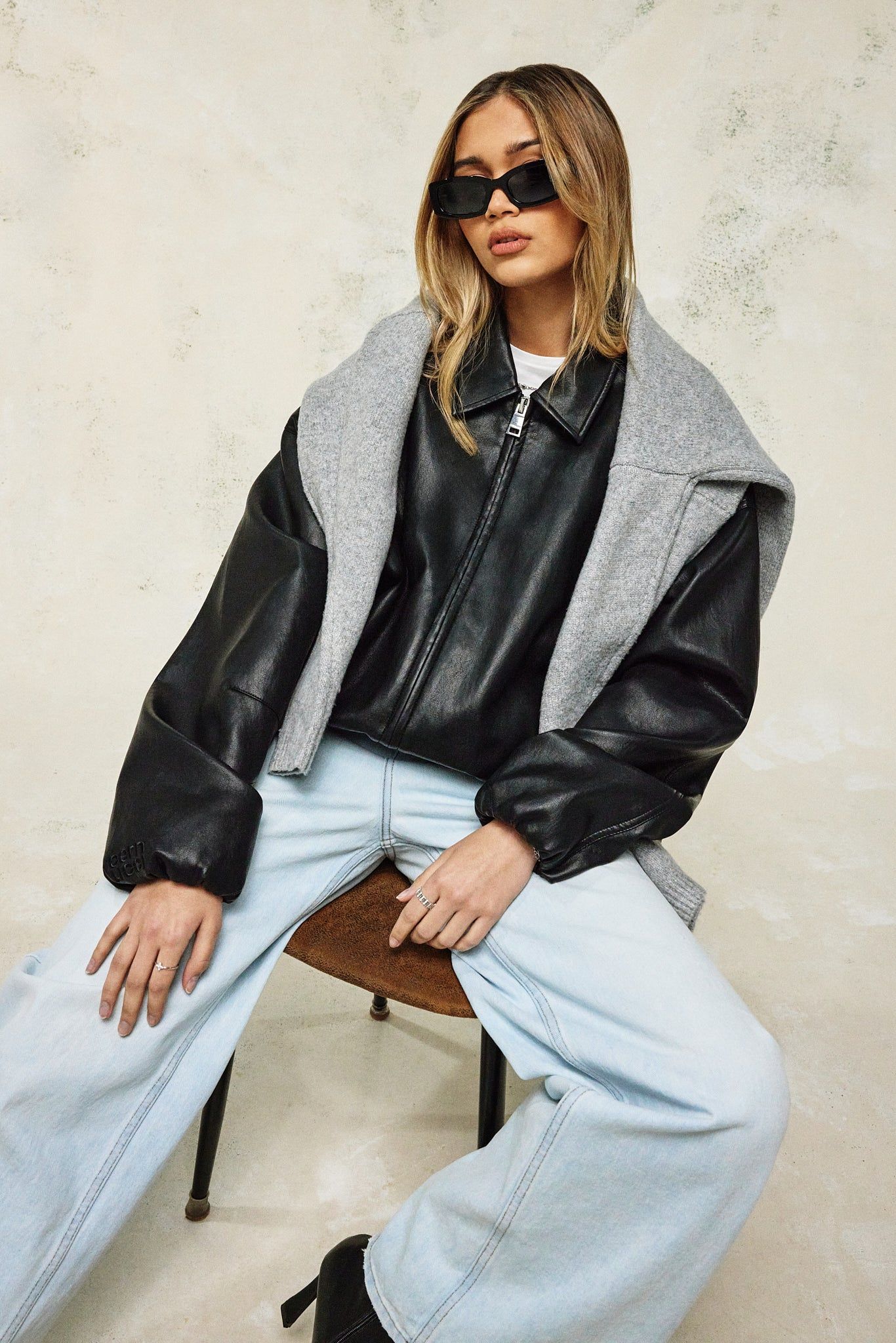 Cernucci Oversized Collared Pu Bomber - Black image 2