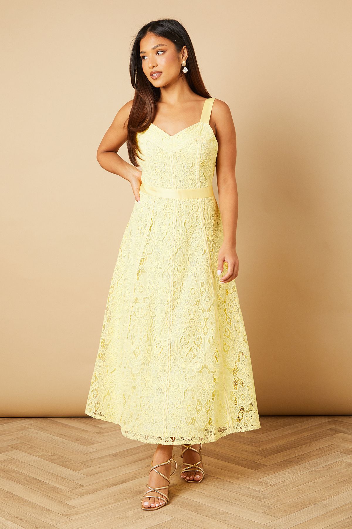 Oasis Petite Floral Lace V Neck Midi Dress Lemon image 1