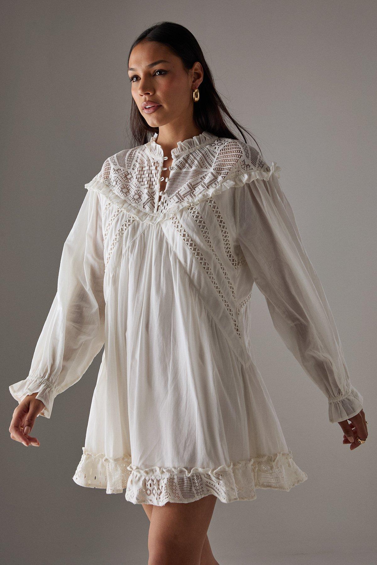 Warehouse HCD Cotton Lace Insert Mini Smock Dress Cream image 2