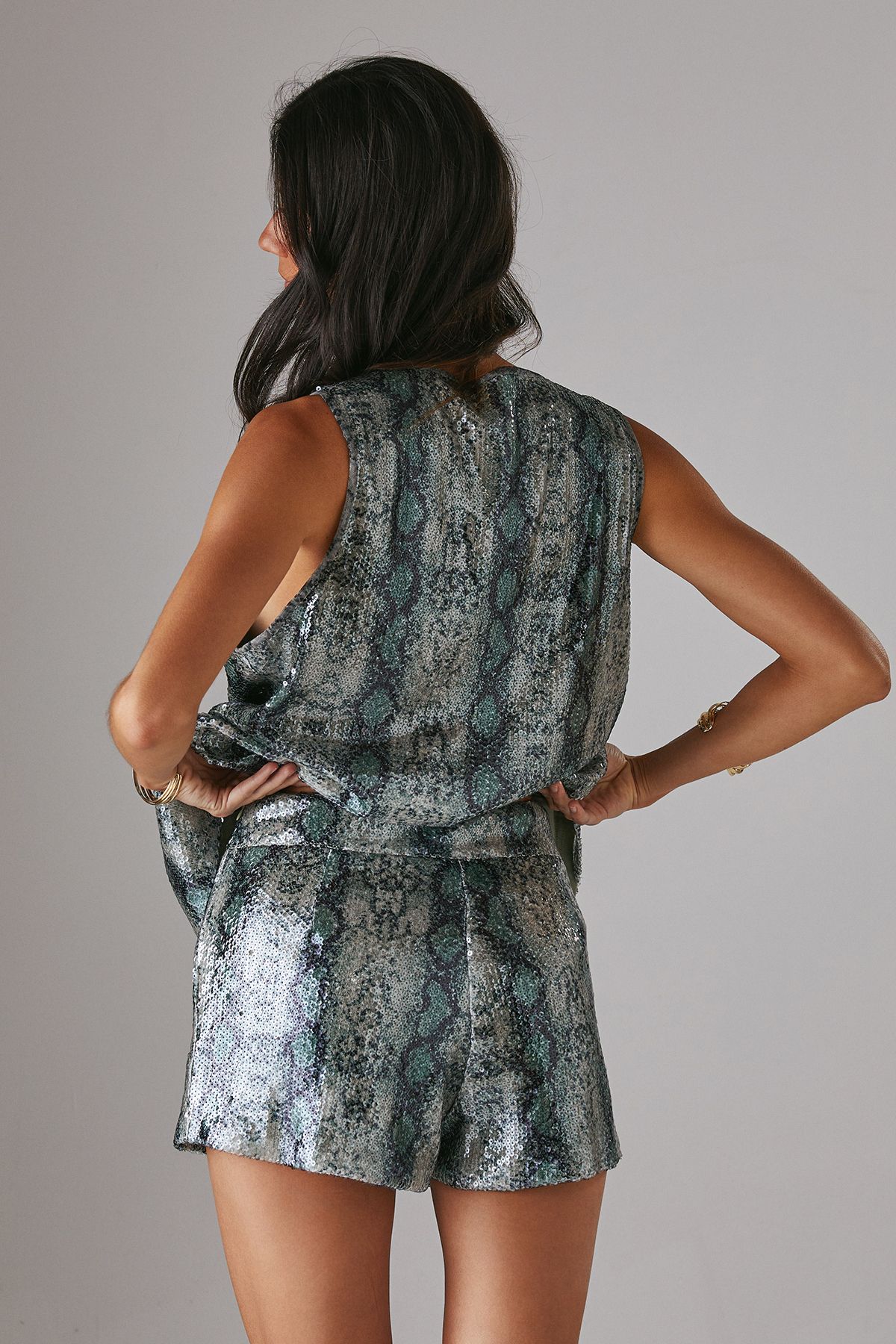 Warehouse Snake Sequin High Waisted Hot Pant Shorts Khaki image 4