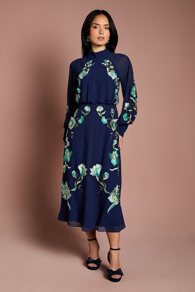 Coast Petite High Neck Long Sleeve Floral Embroidered Midi Dress Navy