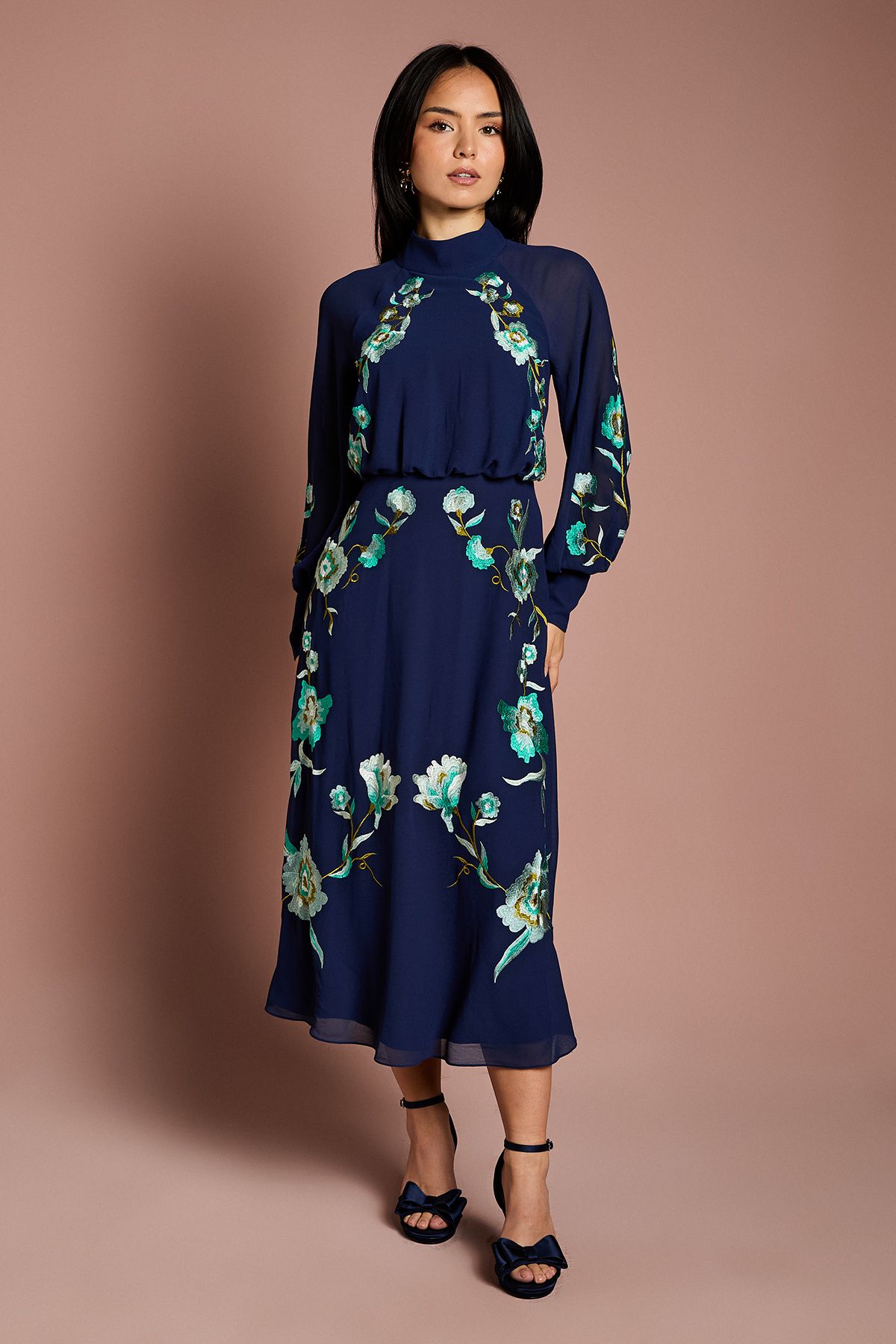 Coast Petite High Neck Long Sleeve Floral Embroidered Midi Dress Navy