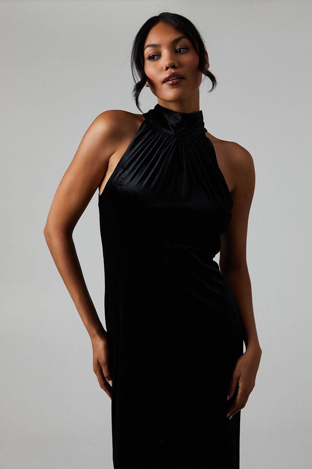 Oasis Oasis By Coast Velvet Halter Bias Cut Maxi Bridesmaid Dress Black image 4