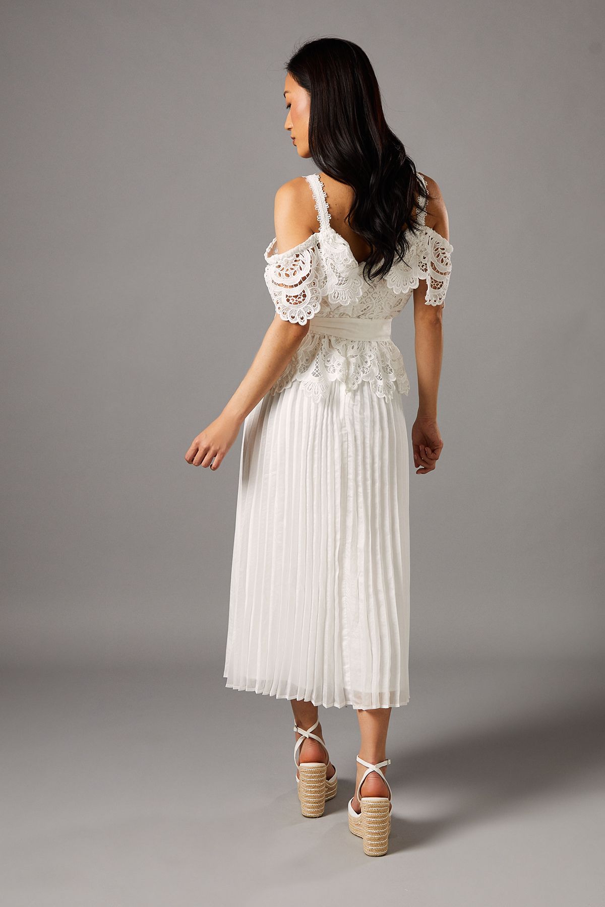 Coast Lace Top Pleated Skirt Midi Dress With Belt Ivory image 3