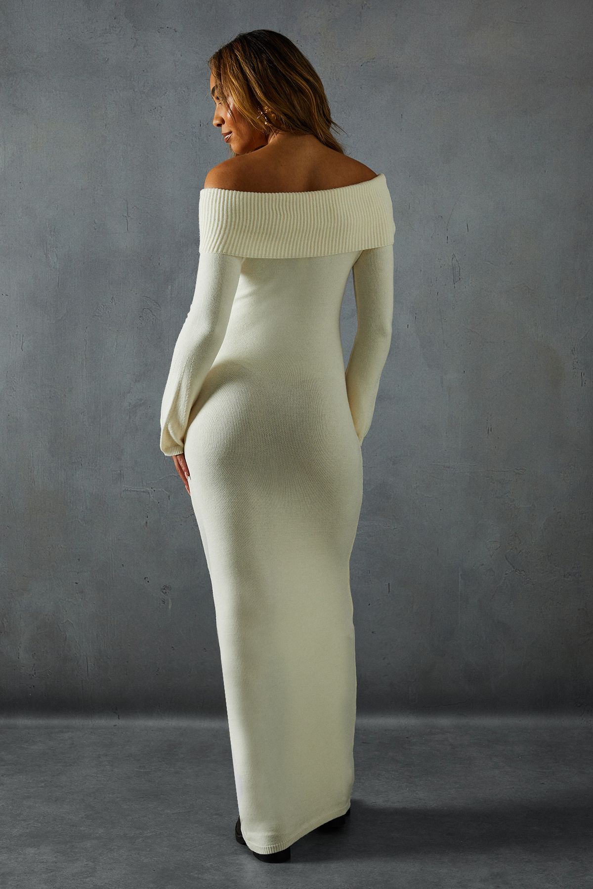 MissPap Knitted Bardot Wrap Front Midi Dress Ivory image 3