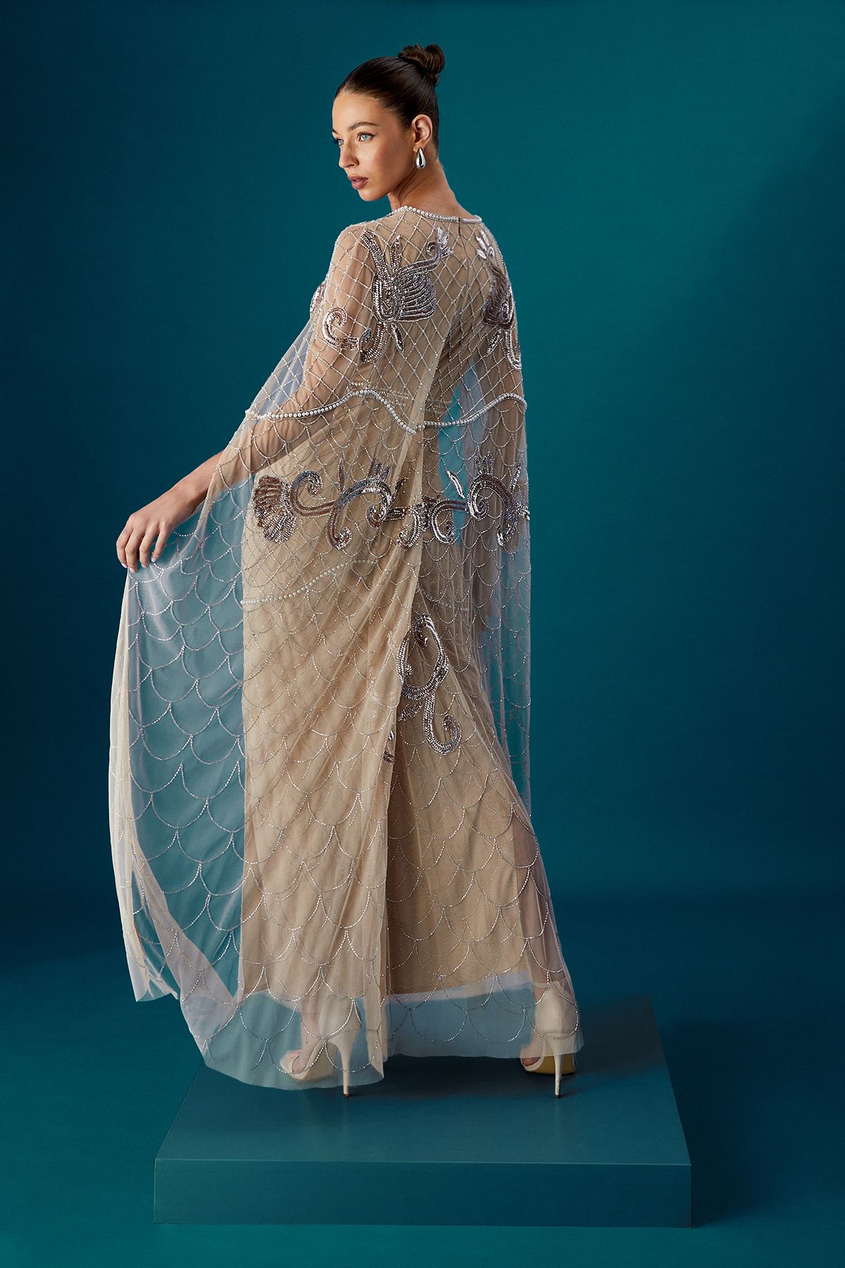 Coast Coast Muse Heavily Embellished Maxi Dress With Cape Sleeves Stone image 3