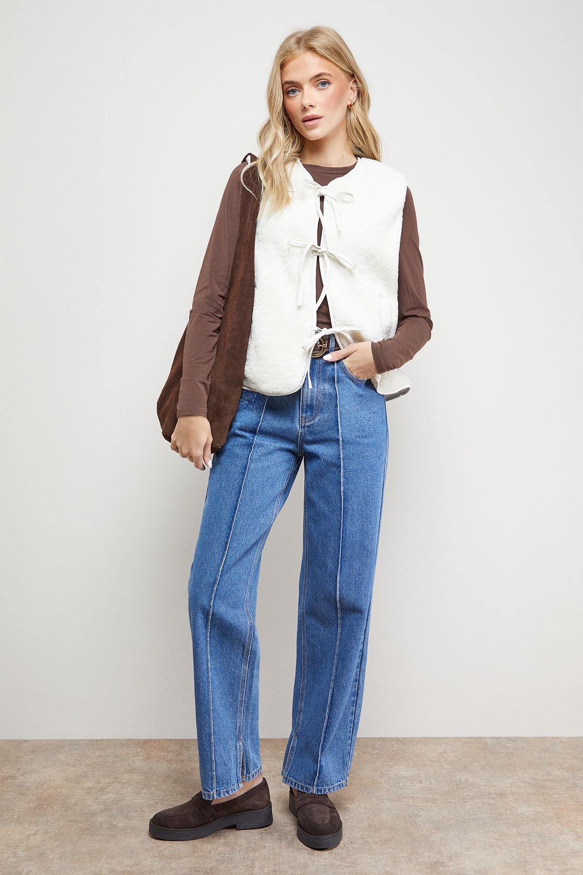 Oasis Faux Fur Gilet With Pu Binding Ivory