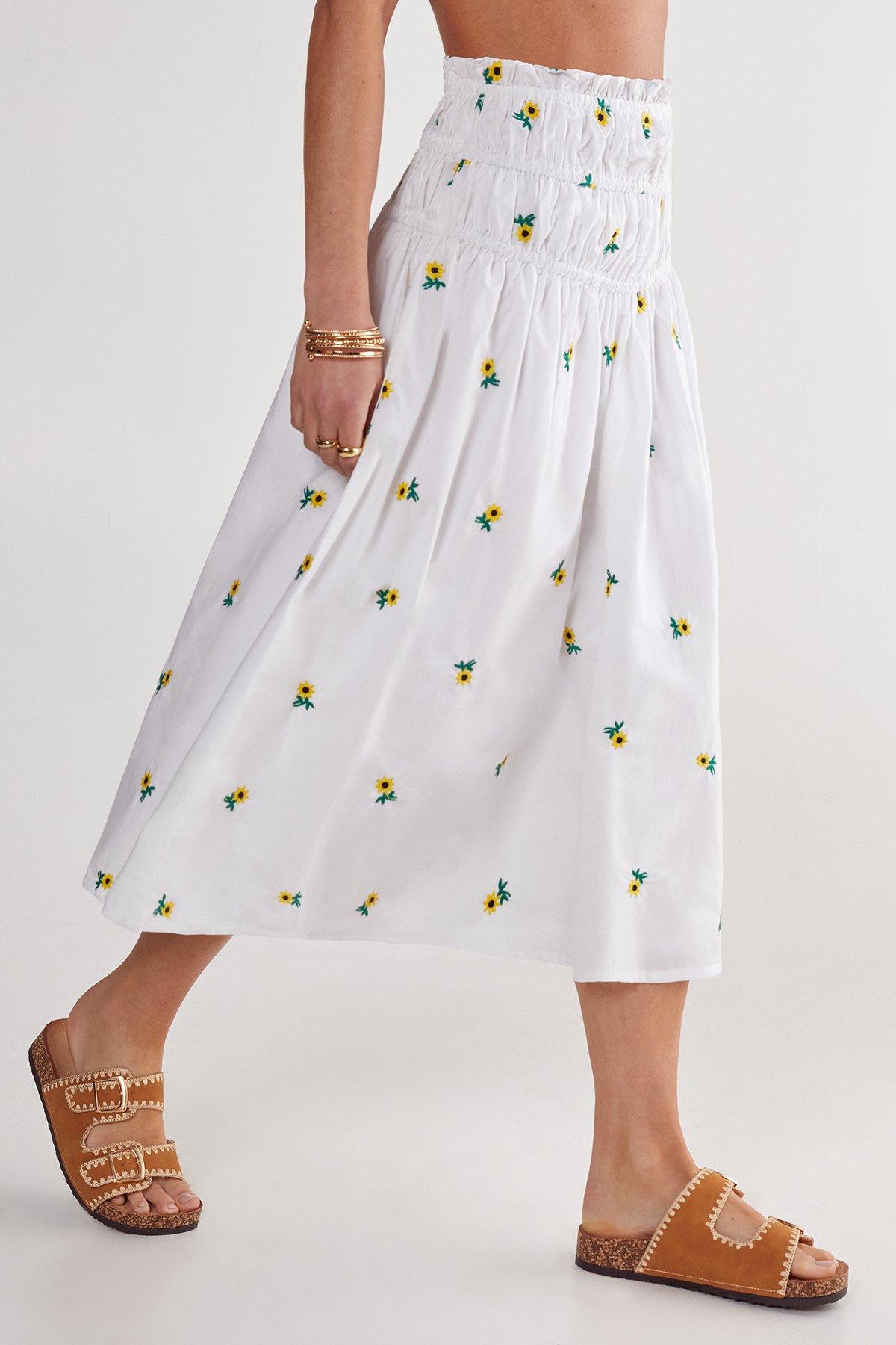 NastyGal Sunflower Embroidered Ruched Midi Skirt White image 1
