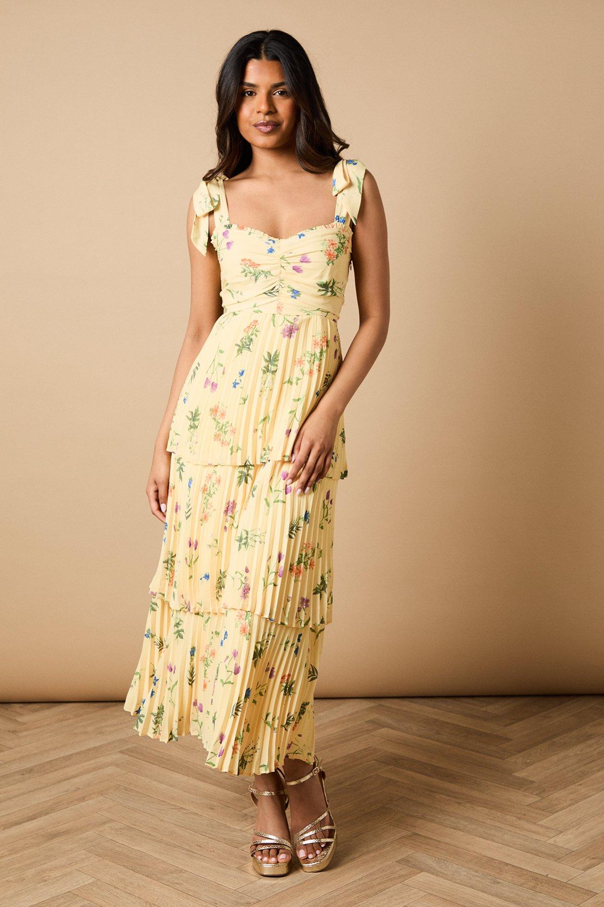 Oasis Petite Floral Pleated Tie Shoulder Midi Dress Lemon image 1