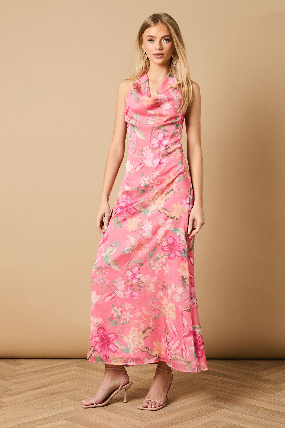 Oasis Printed Mesh Dobby Halterneck Dress Pink image 1