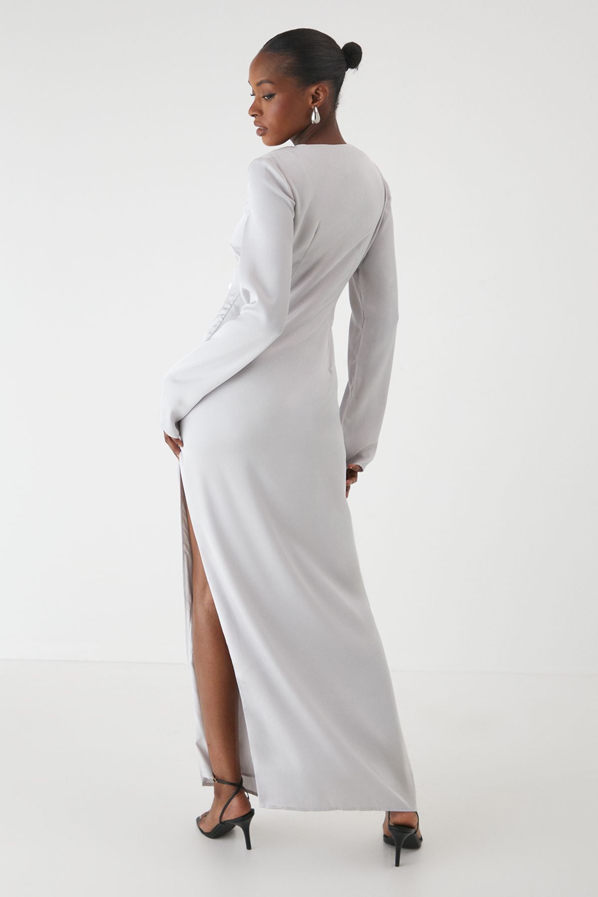 MissPap Premium Satin Tie Front Long Sleeve Maxi Dress Silver image 3