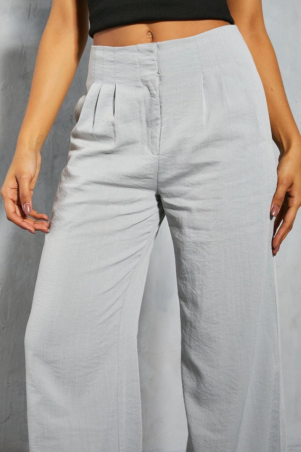 MissPap Linen Look Pleat Waist Detail Wide Leg Trouser Light Blue image 2