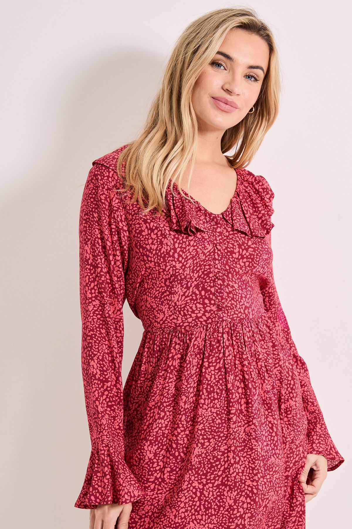 Dorothy Perkins Pink Animal Frill Neck Button Front Printed Midi Dress Pink image 4