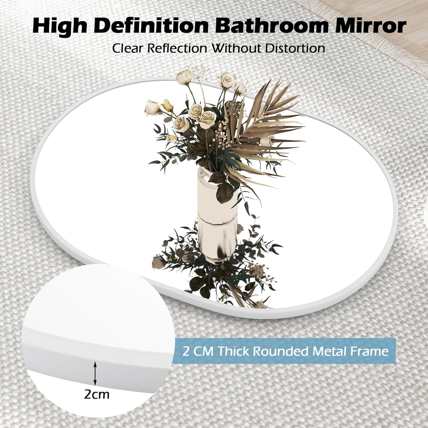 Gymax Oval Bathroom Mirror 70 CM x 50 CM Wall Vanity Mirror With Frame Black image 4