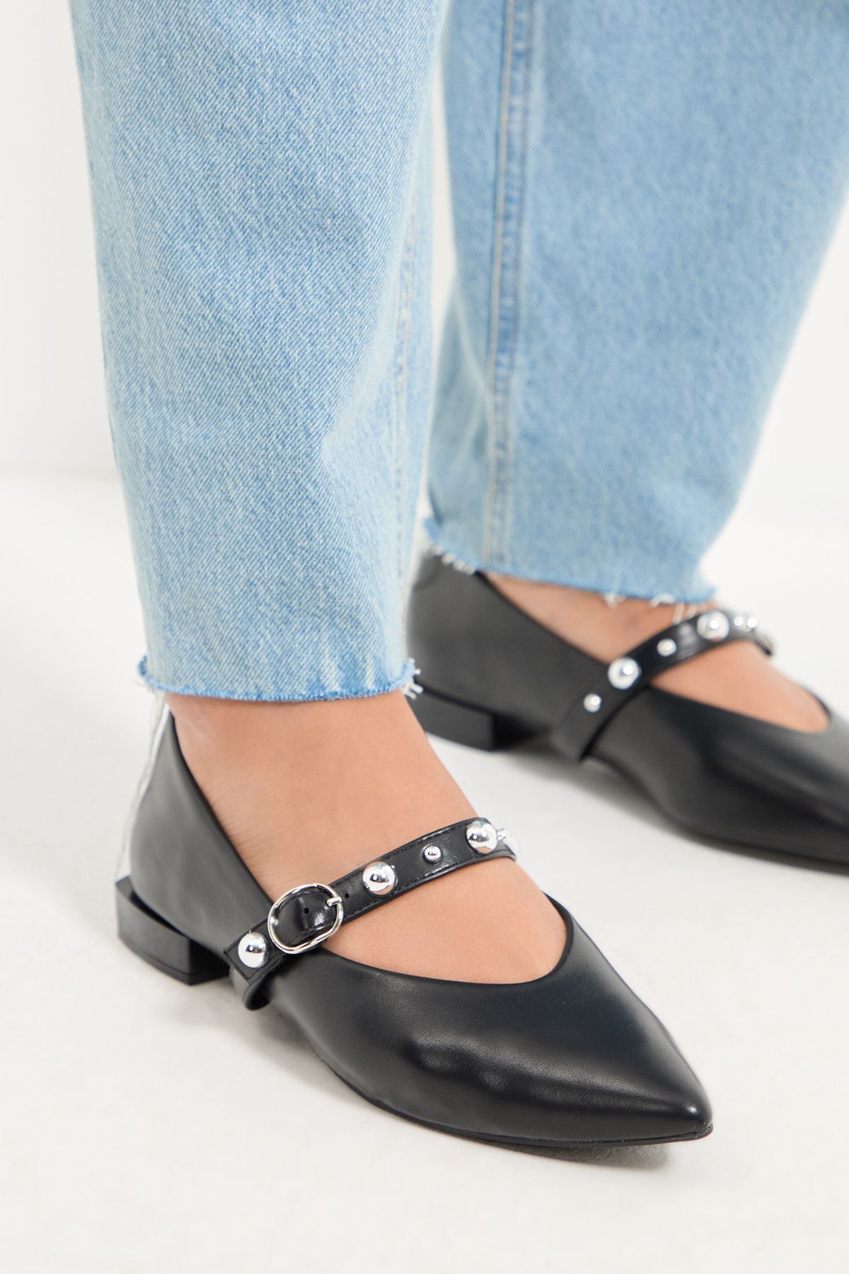 MissPap Faux Leather Studded Mary Jane Pointed Ballet Pumps Black image 4