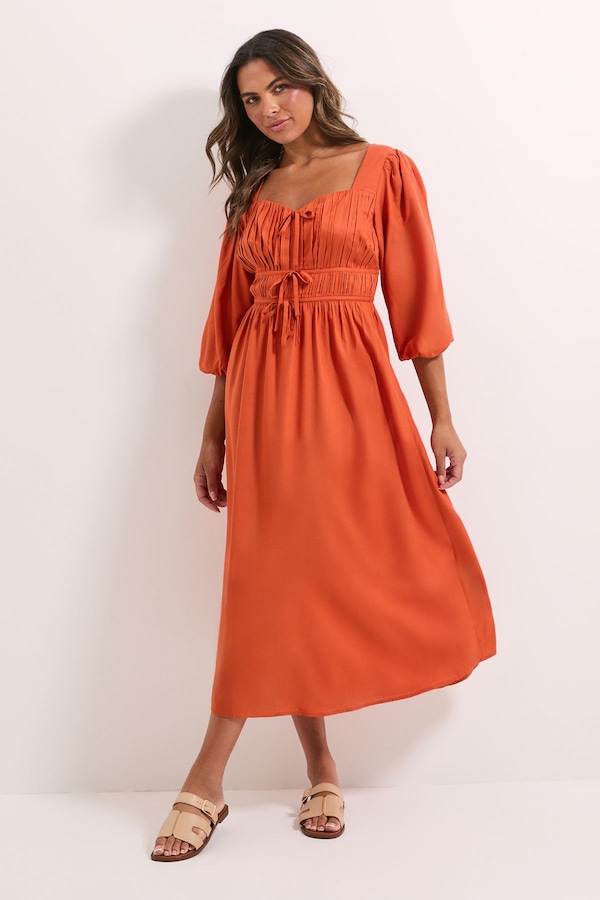 Dorothy Perkins Shirred Bodice Tie Detail Sweetheart Midi Dress Ochre