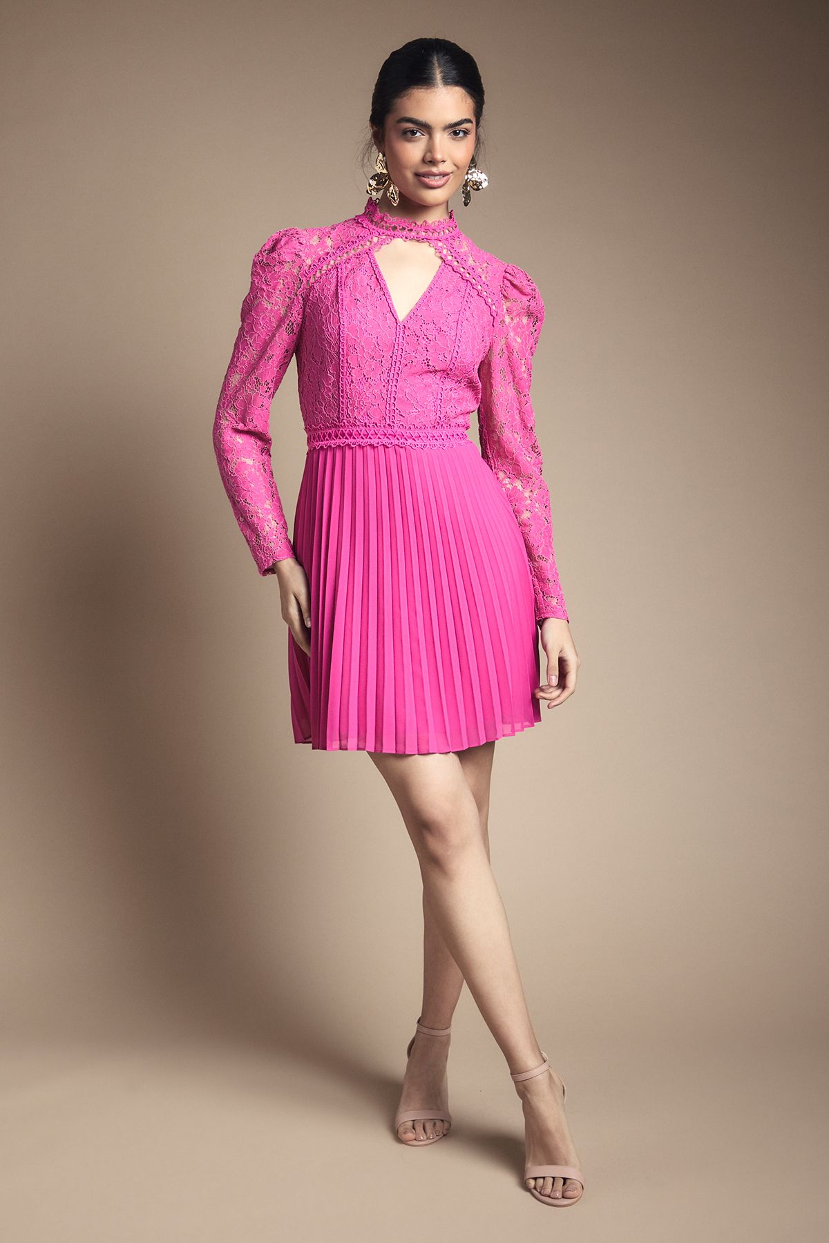 Oasis Lace Bodice Pleat Mini Dress Rose