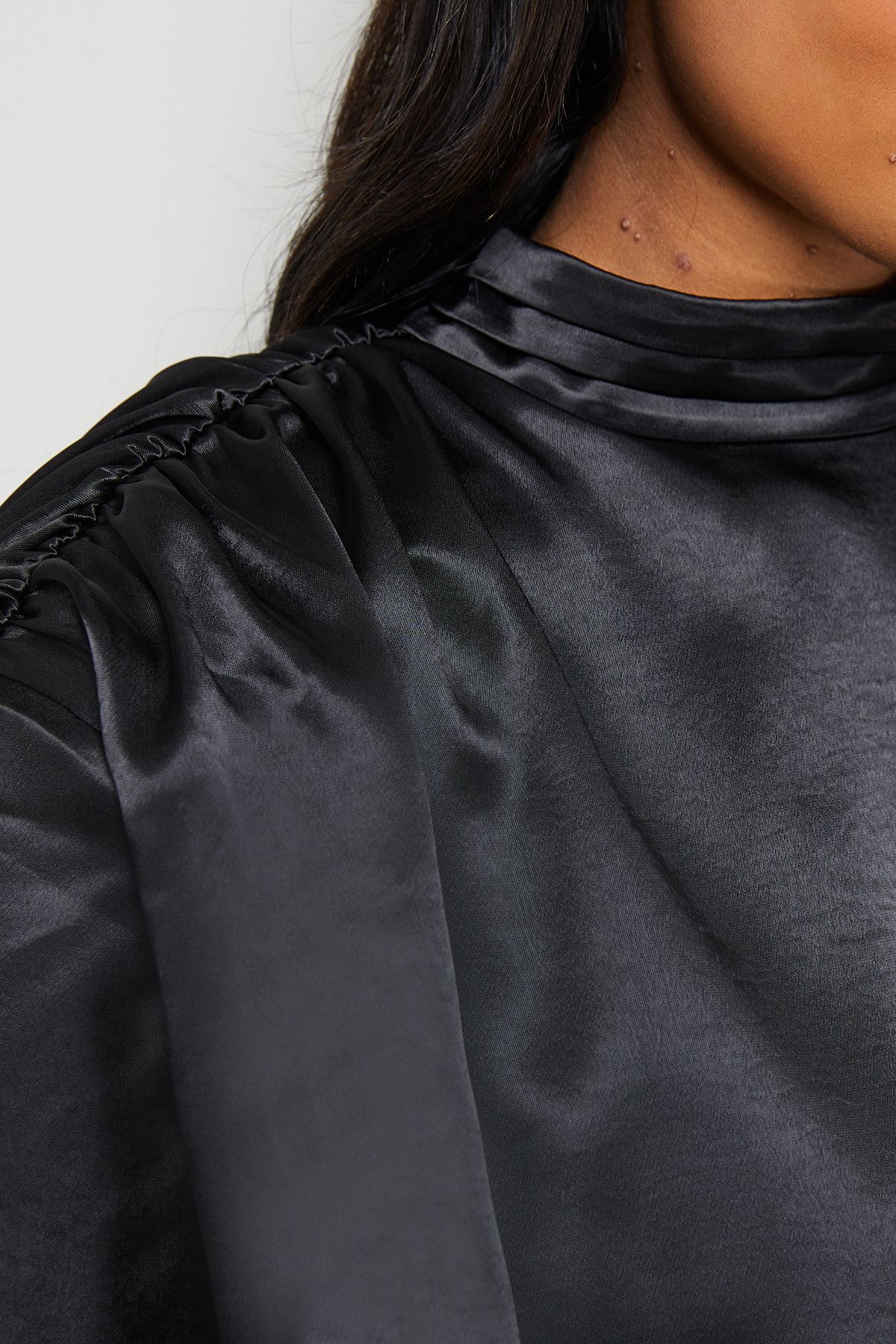 Warehouse Extreme Shoulder Draped Satin Mini Dress Black image 5