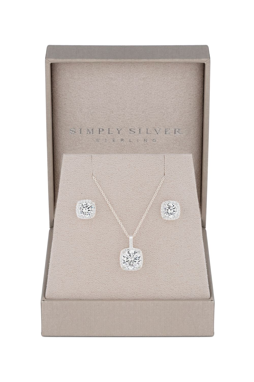 Simply Silver Sterling Silver 925 Halo Square Solitaire Matching Jewellery Set - Gift Boxed