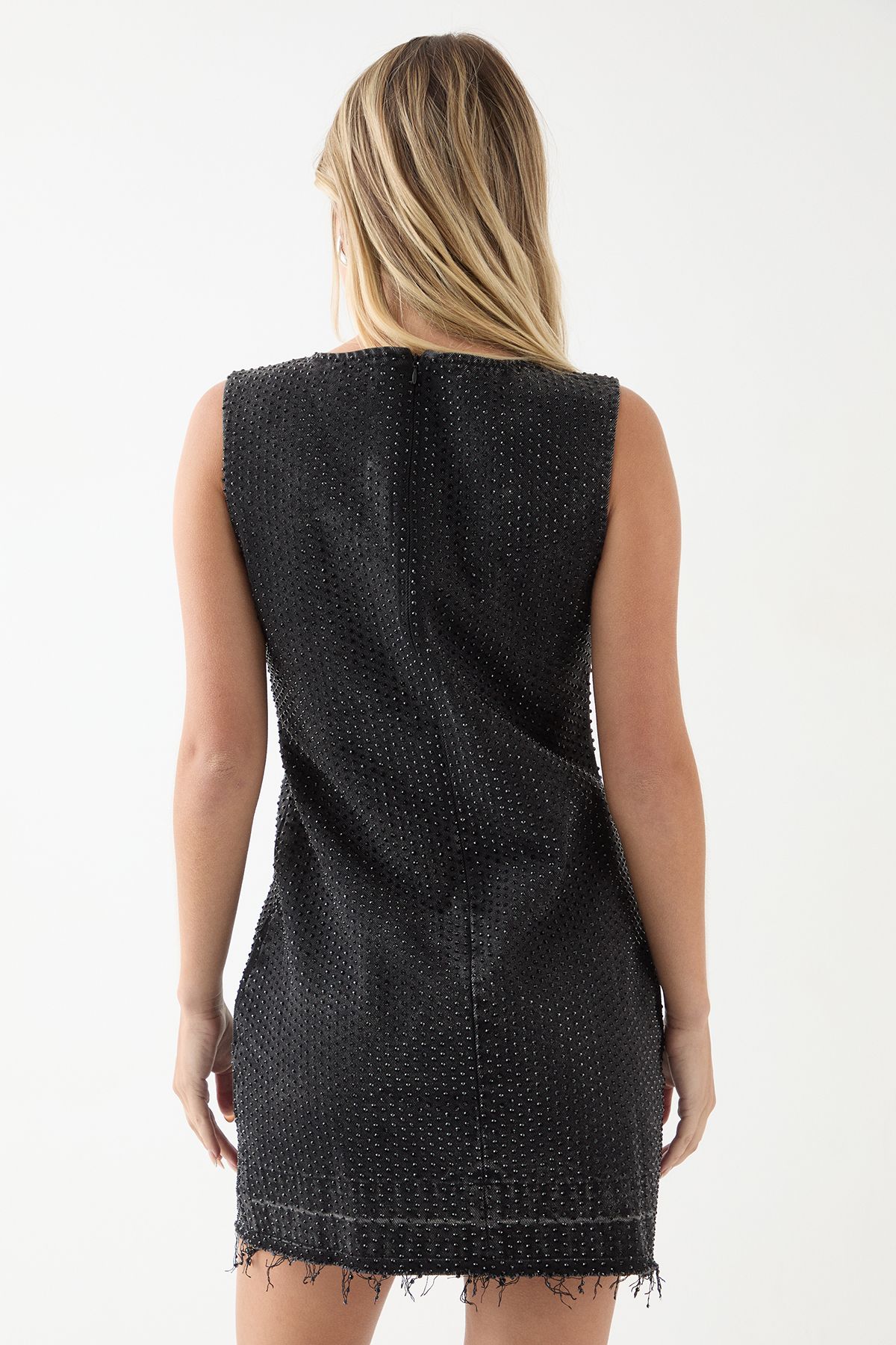 MissPap Diamante Embellished Racer Neck Denim Mini Dress Washed Black image 3