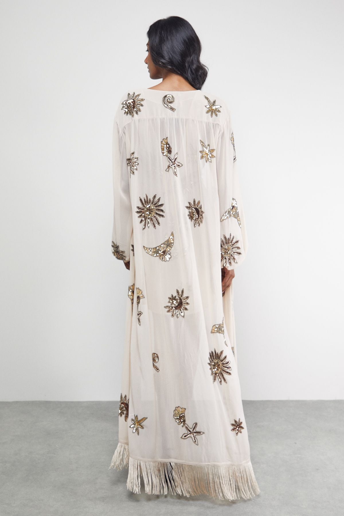 Warehouse Hand Embellished Celestial Fringe Hem Kimono Ivory image 3