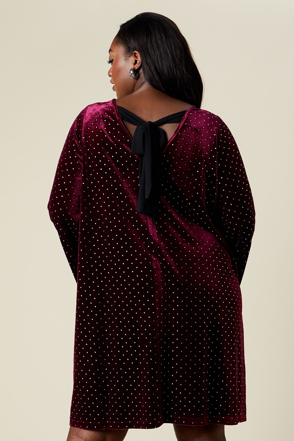 Dorothy Perkins Curve Bow Back Swing Mini Dress Velvet Diamante Berry image 3