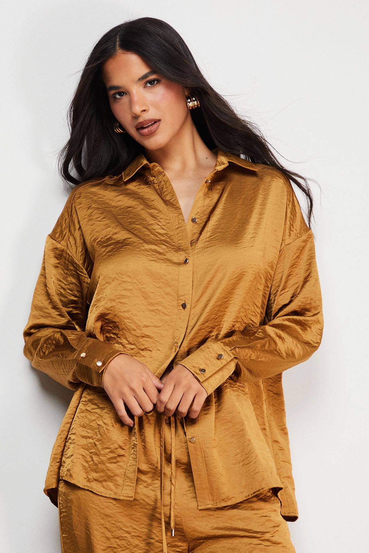 Warehouse Hammered Satin Oversized Shirt Gold image 4