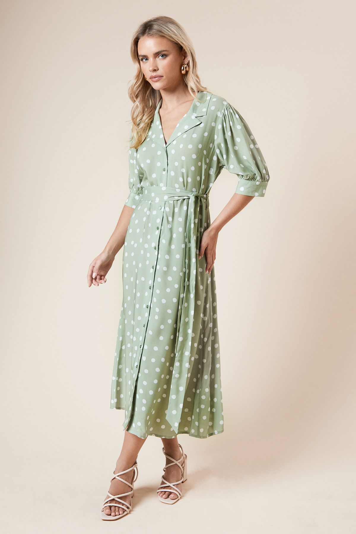 Dorothy Perkins Petite Green Spot Belted Puff Sleeve Shirt Dress Green image 1