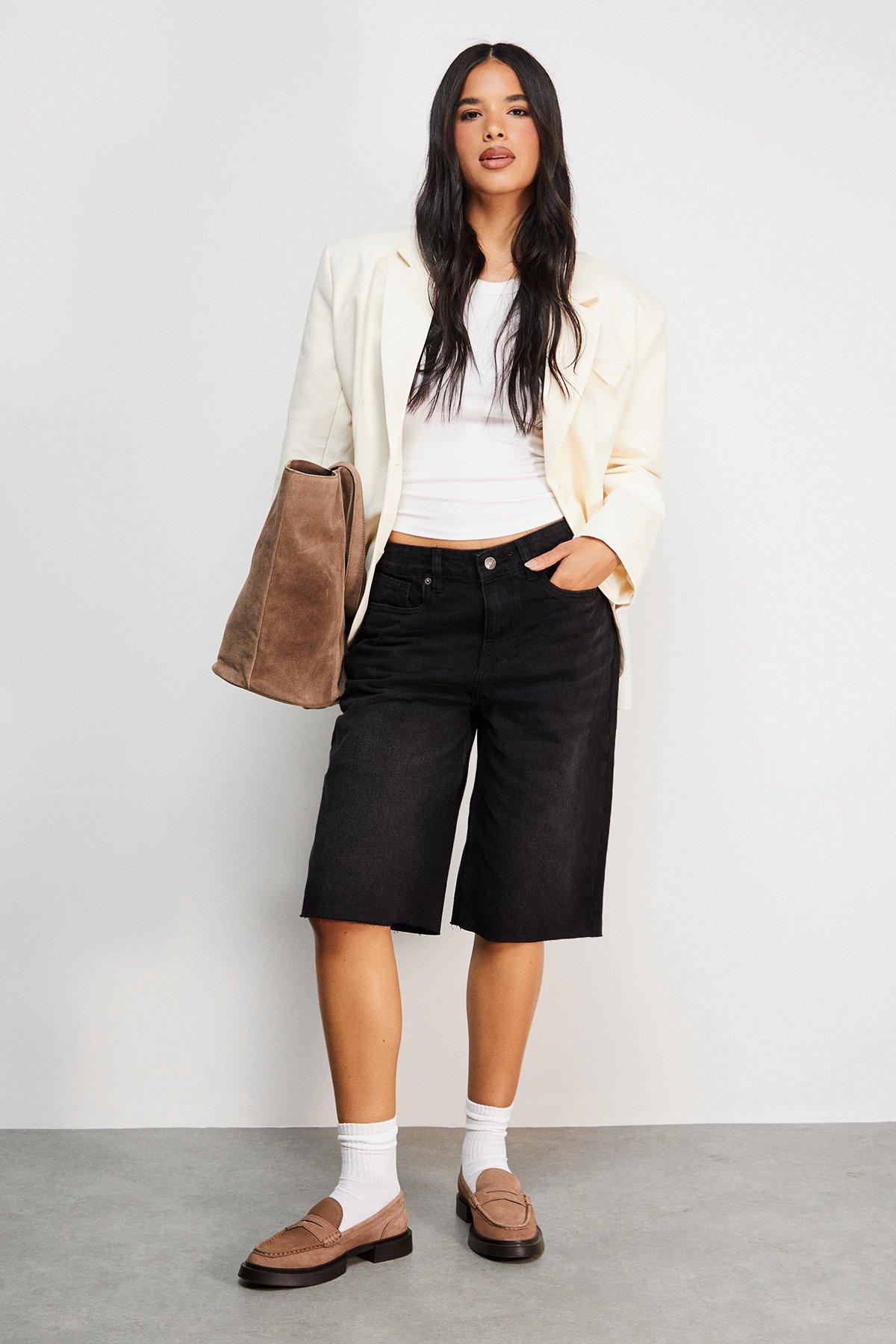 Warehouse Raw Edge Low Waist Dad Shorts Washed Black image 1