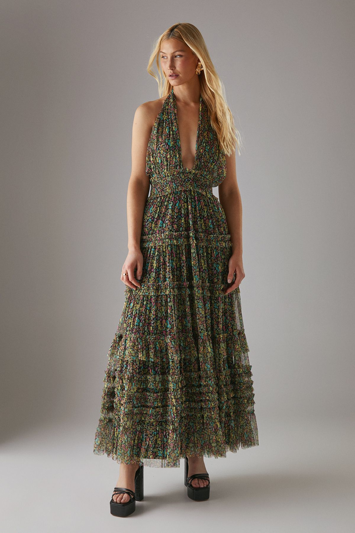 Warehouse Tulle Halter Shirred Waist Tier Maxi Dress Multi