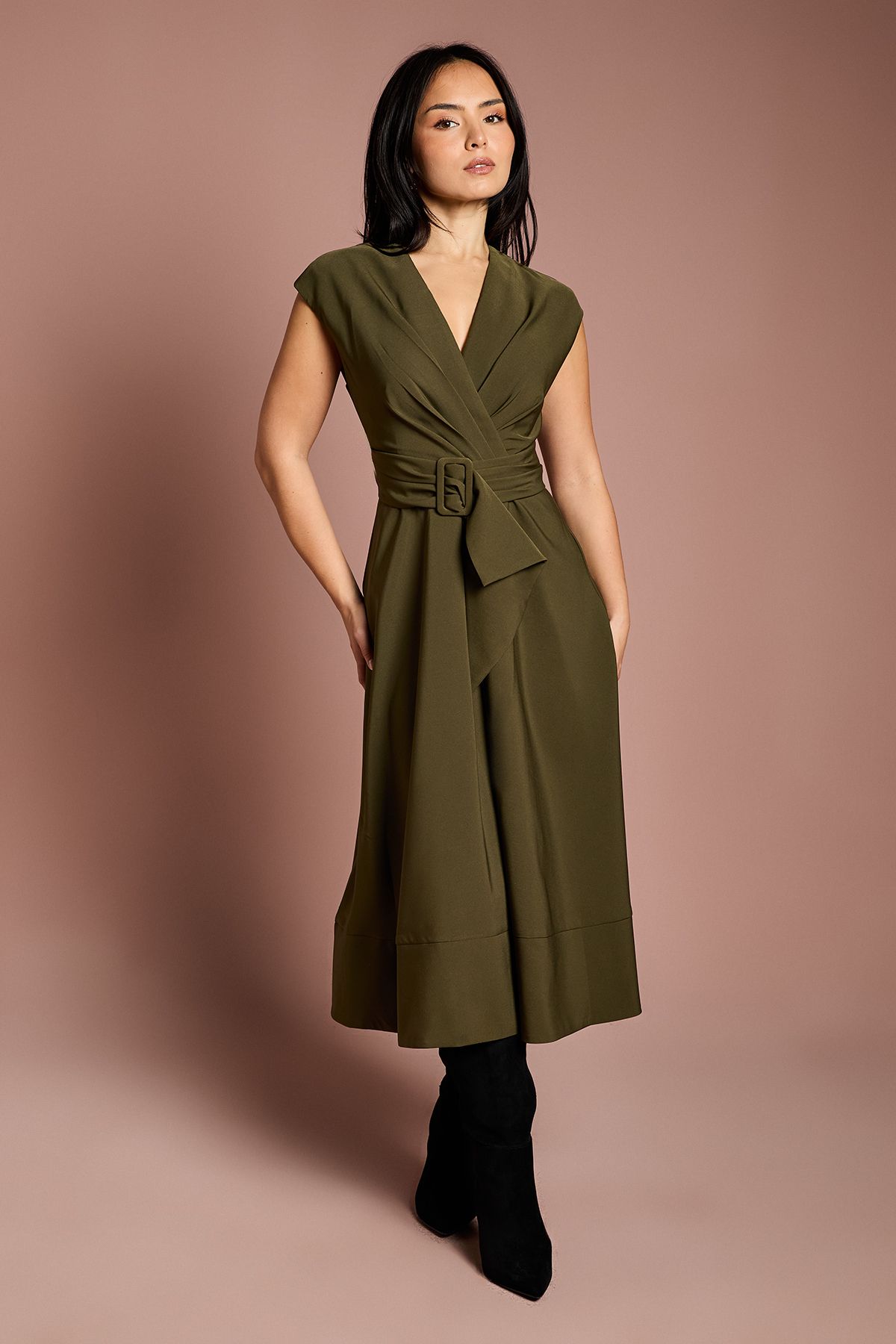 Coast Petite Belted Crepe Dress Olive image 1