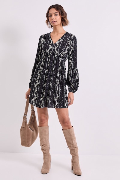 Dorothy Perkins V Neck Smock Blouson Sleeve Printed Mini Dress Black