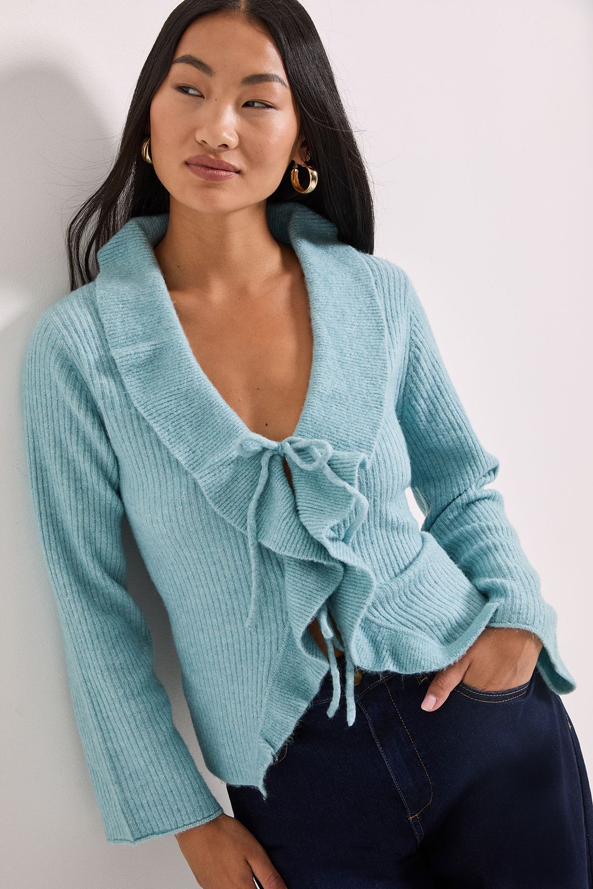 Dorothy Perkins Petite Ruffle Tie Front Cardigan Pale Blue image 1