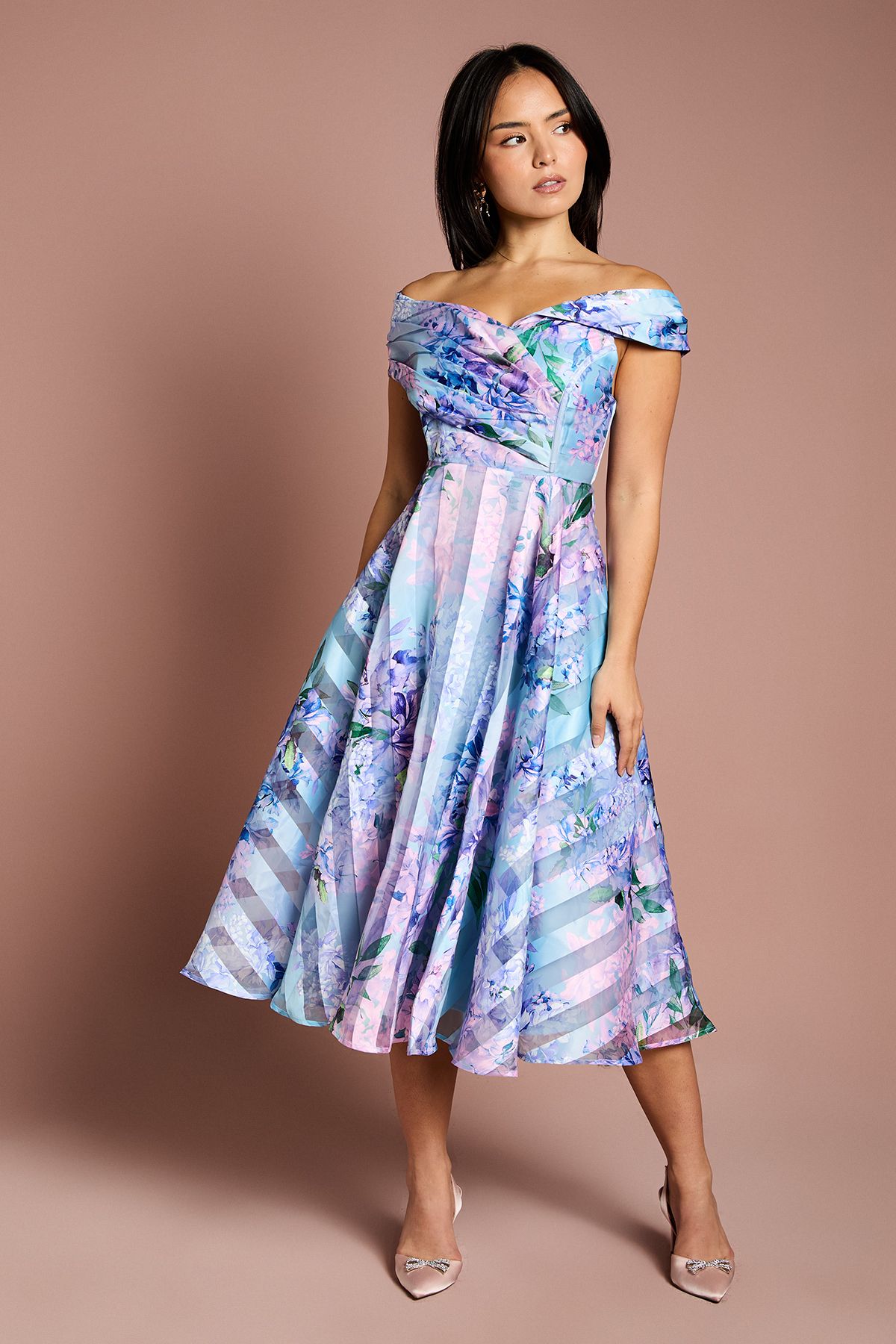 Coast Petite Stripe Organza Pleat Top Midi Dress Blue image 1