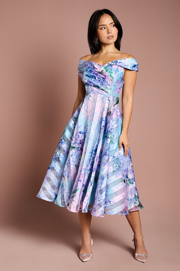 Coast Petite Stripe Organza Pleat Top Midi Dress Blue