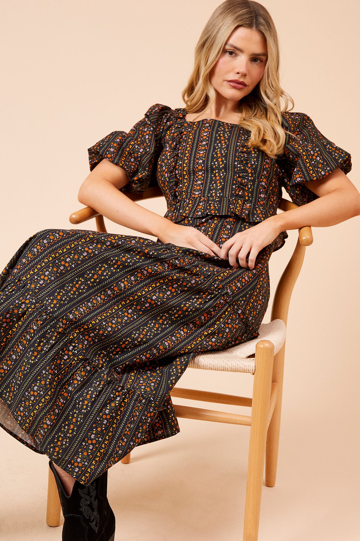 Dorothy Perkins Poplin Ruffle Square Neck Midi Dress Black image 2