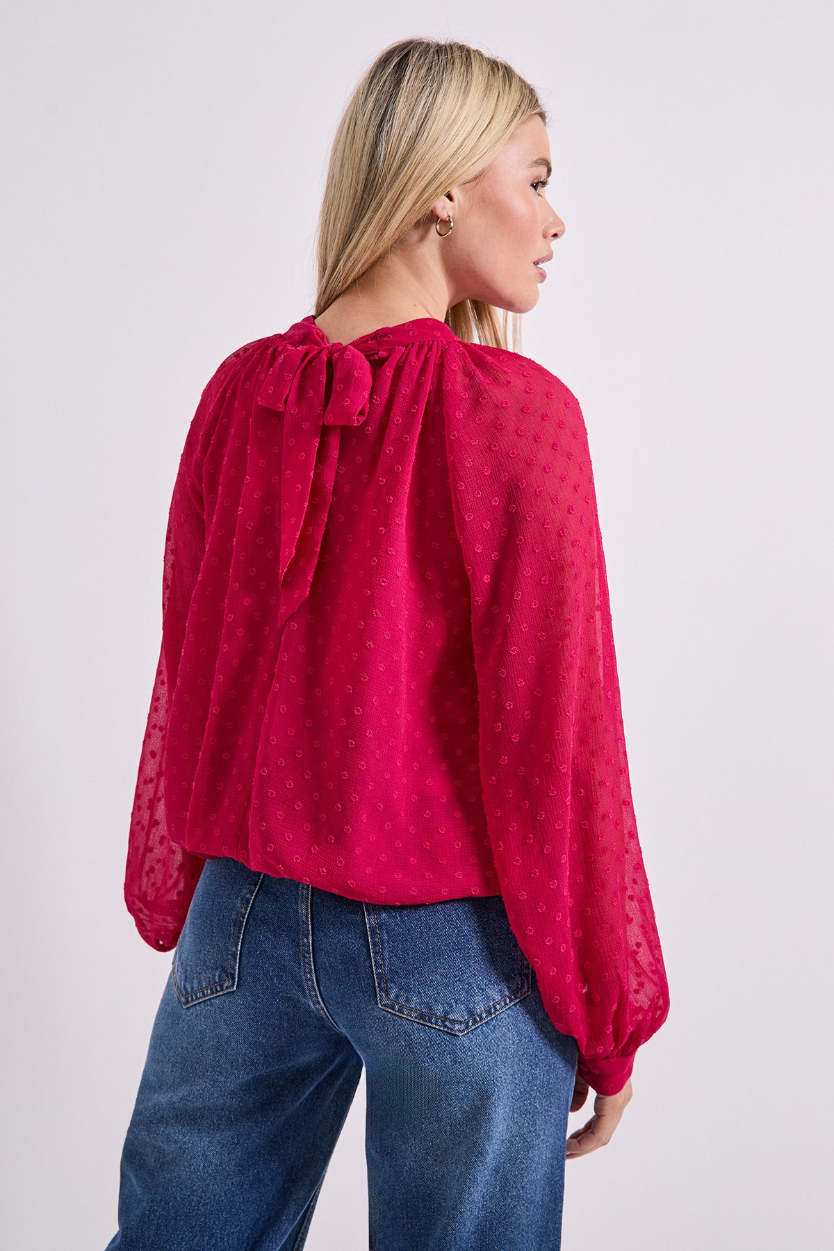 Dorothy Perkins Tie Neck Keyhole Blouson Sleeve Blouse Dark Pink image 3