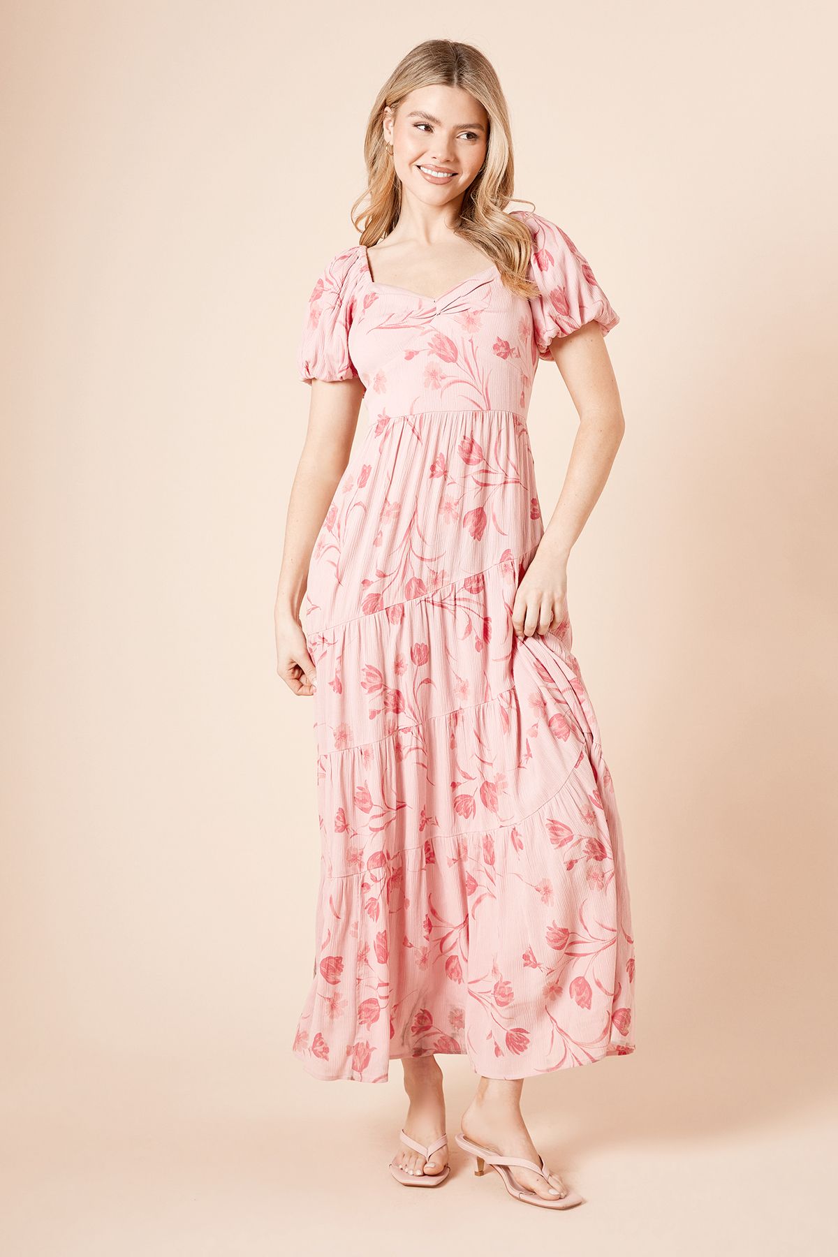 Dorothy Perkins Pink Tiered Puff Sleeve Twist Front Maxi Dress Pink