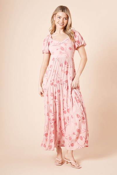 Dorothy Perkins Pink Tiered Puff Sleeve Twist Front Maxi Dress Pink