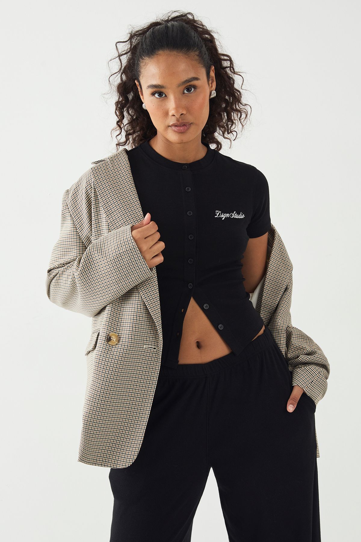 DSGN Studio DSGN Studio Script Embroidery Ribbed Button Through Short Sleeve Top Black