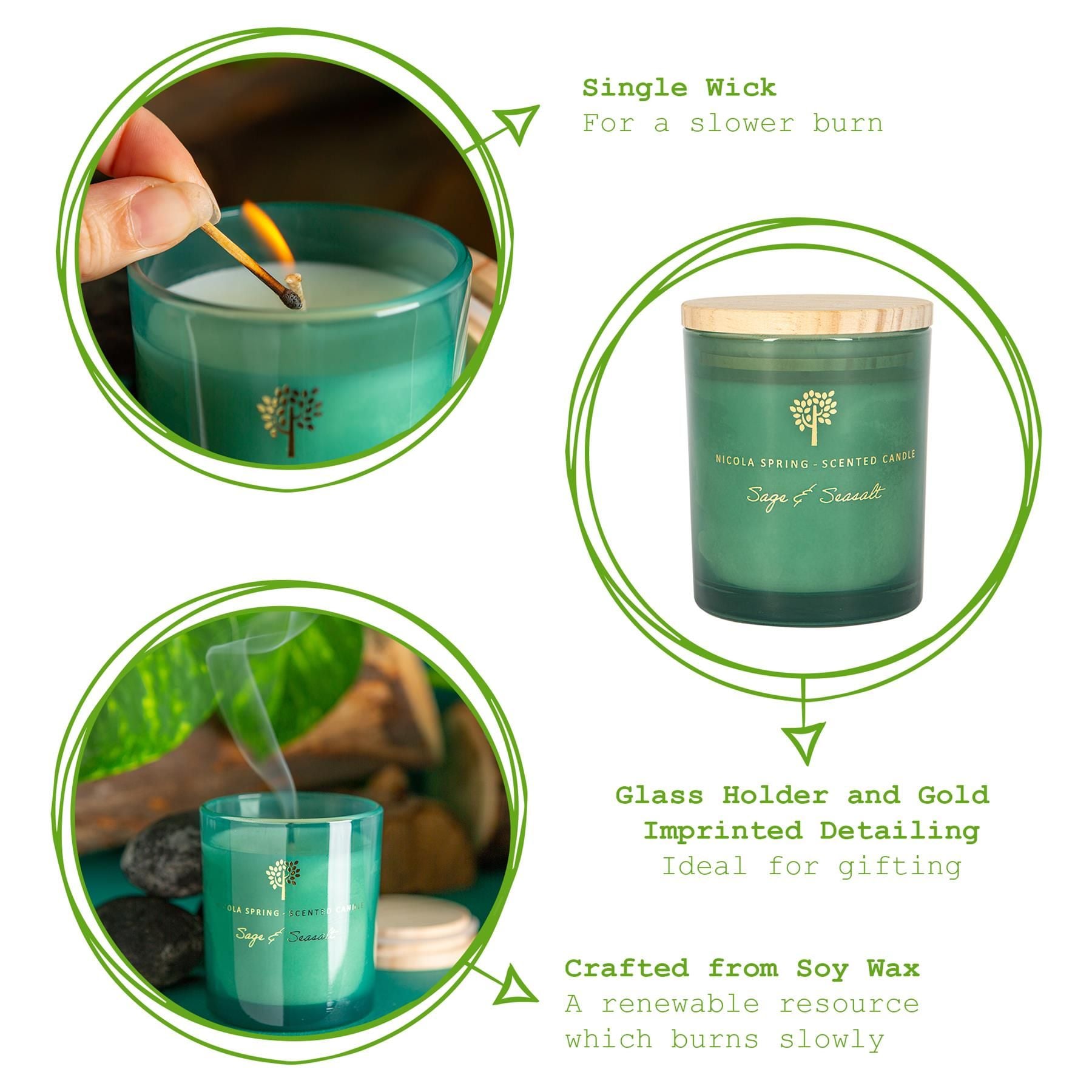 Nicola Spring 130g Sage & Seasalt Soy Candles - Pack of 3 - Herbal Spa Glass Jars image 3