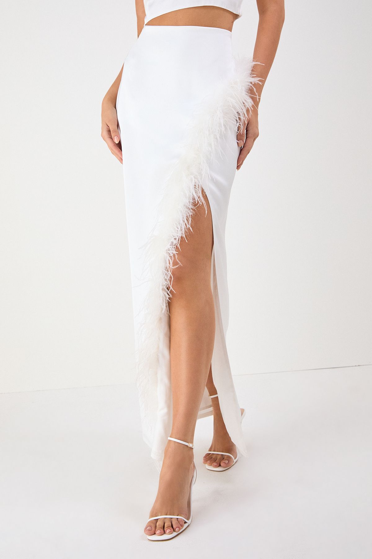 MissPap One Shoulder Top & Faux Feather Skirt Co-ord Ivory image 3