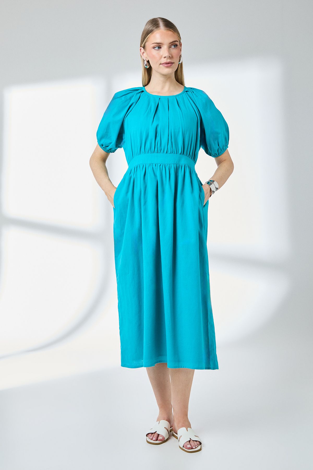 Principles Puff Sleeve Waistband Detail Midi Dress Aqua image 1